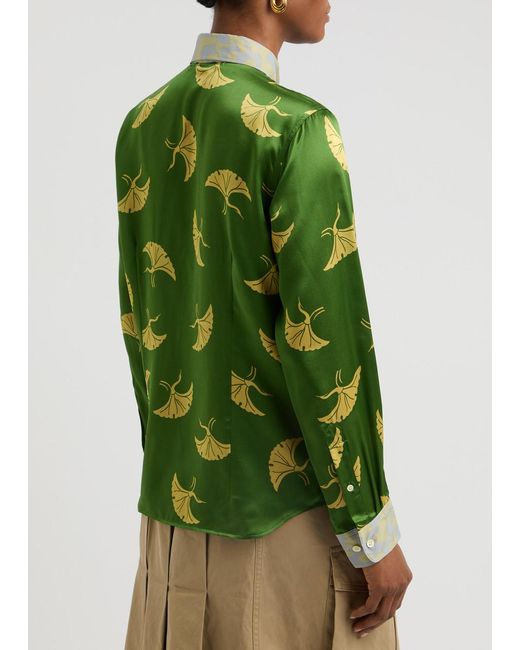 Dries Van Noten Green Chevy Printed Silk-Blend Satin Shirt