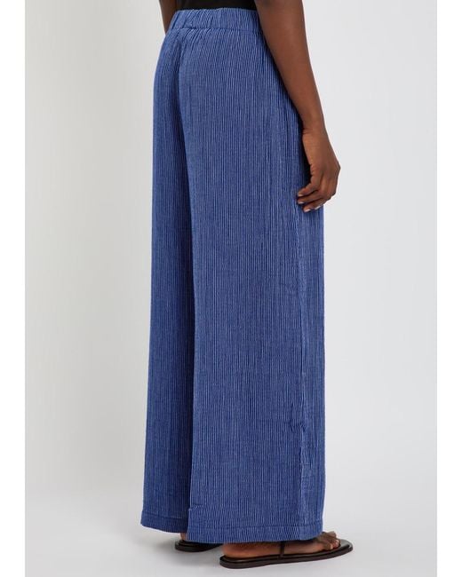 Eileen Fisher Blue Striped Wide-Leg Cotton Trousers