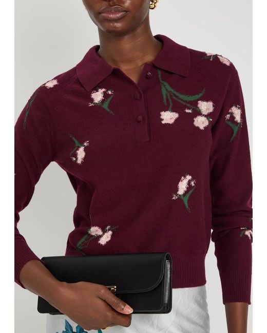 Erdem Purple Floral-Intarsia Merino Wool Polo Jumper