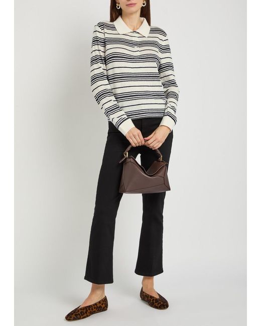 FRAME Gray Striped Linen-Blend Polo Top