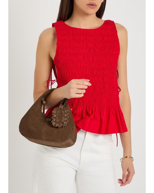 Ganni Brown Hobo Mini Logo Suede Top Handle Bag