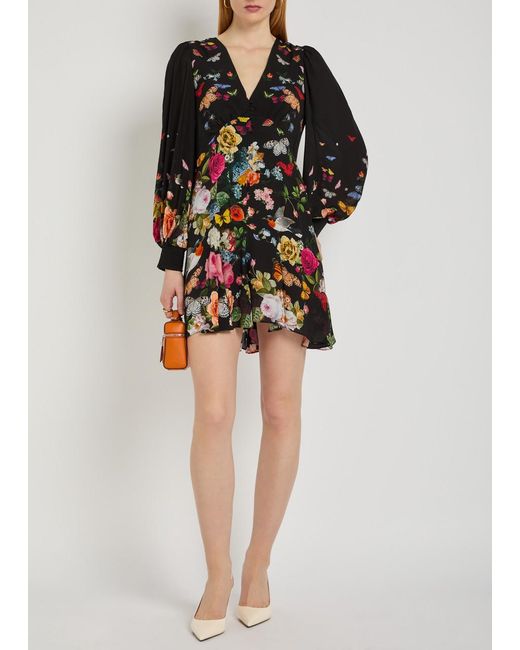 Alice + Olivia Black Irene Empire Waist Printed Woven Mini Dress