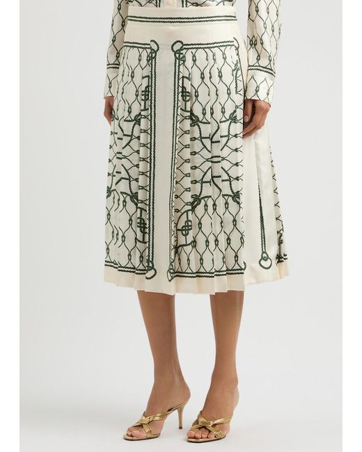 Tory Burch Green Printed Silk-Satin Midi Skirt