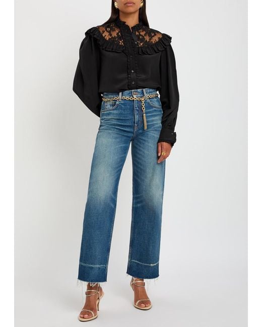 Chloé Black Ruffled Lace-Trim Silk Blouse