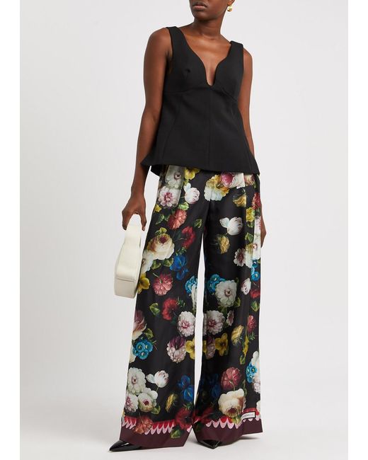 Dolce & Gabbana Black Floral-print Wide-leg Silk-satin Trousers