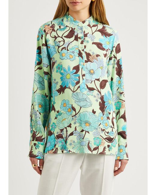 Stella McCartney Green Floral-print Matte Satin Shirt