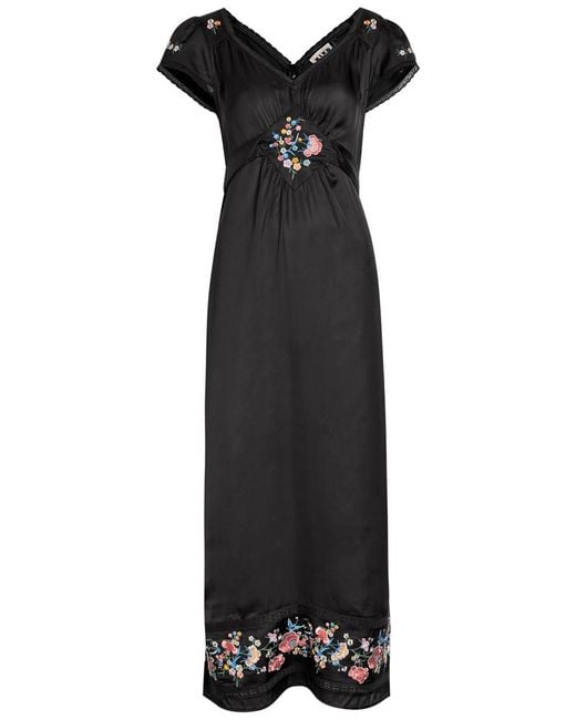 Rixo Black Carey Embroidered Satin Midi Dress