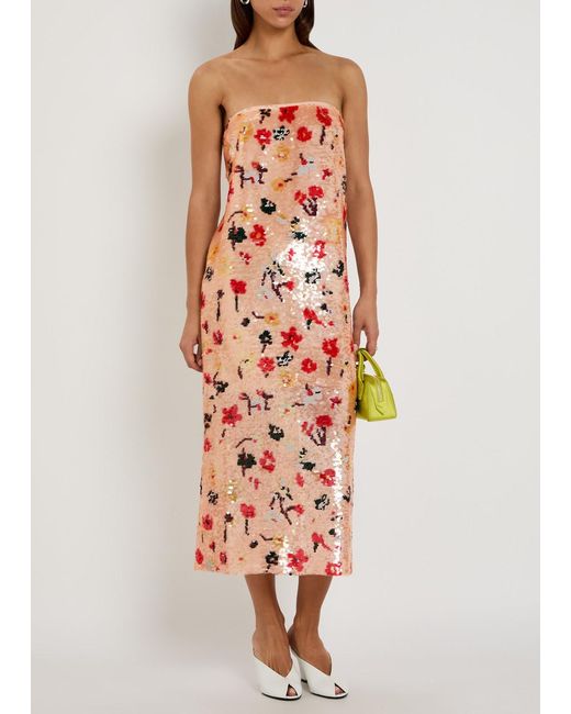 Tory Burch Pink Floral Strapless Sequin Midi Dress