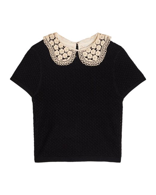 Alice + Olivia Black Ciara Lace-Embellished Wool-Blend Crop Top