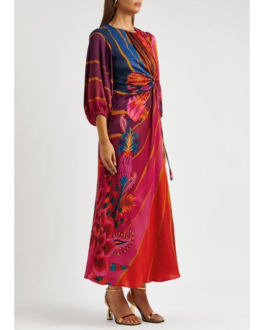 FARM Rio Vintage Wave Printed Satin Midi Dress in Red | Lyst