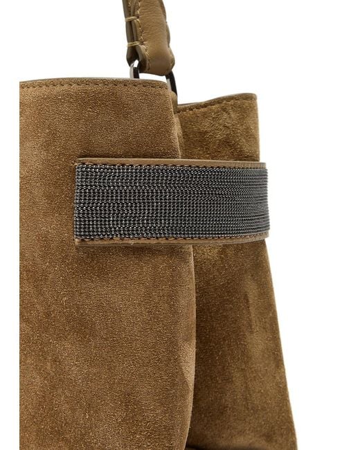Brunello Cucinelli Brown Mini Bead-Embellished Suede Top Handle Bag