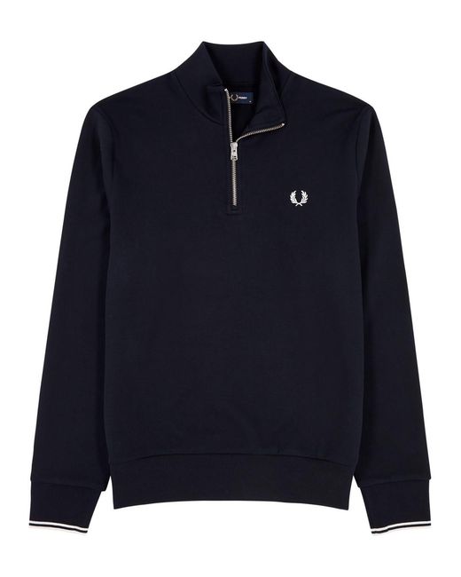 Fred Perry Blue Logo-embroidered Cotton Half-zip Sweatshirt for men