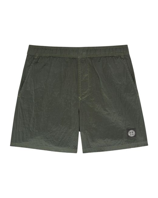 Stone Island Green Logo Crinkled Nylon Swim Shorts for men