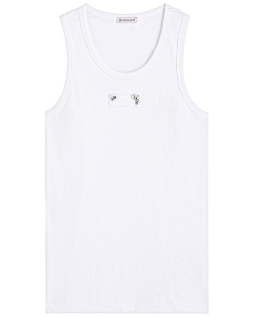 Moncler White Crystal-Embellished Logo Appliqué Stretch-Cotton Tank