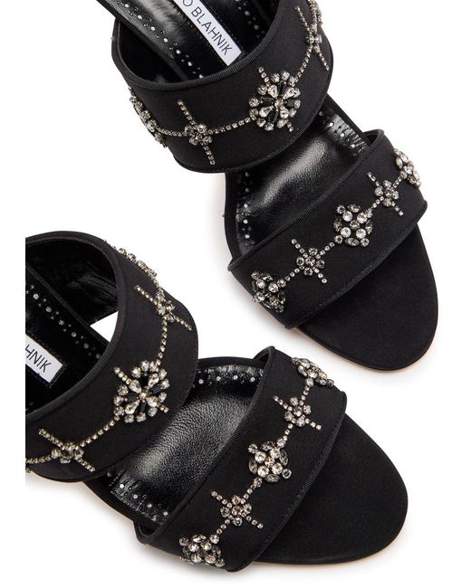 Manolo Blahnik Black Ralota 90 Crystal-Embellished Crepe De Chine Mules