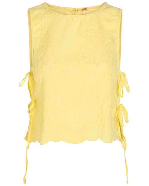 Free People Yellow Faded Gardens Floral-Embroidered Cotton Tank
