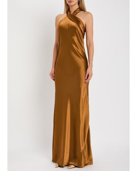 Galvan Natural Pandora Scarf-Neck Satin Gown