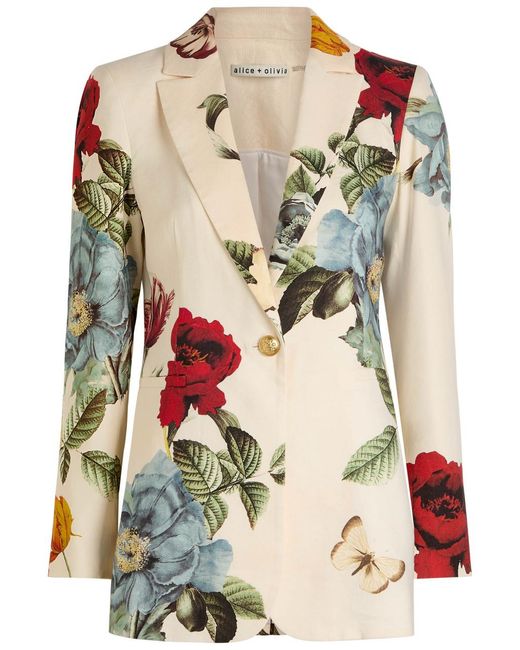 Alice + Olivia White Breann Floral Linen-Blend Blazer