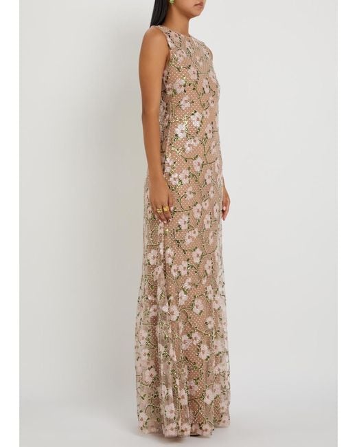 Self-Portrait Natural Floral Crystal-Embellished Tulle Maxi Dress
