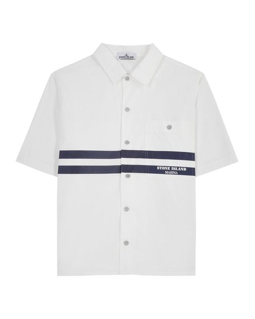 Stone Island White Marina Logo-Print Cotton-Poplin Shirt for men