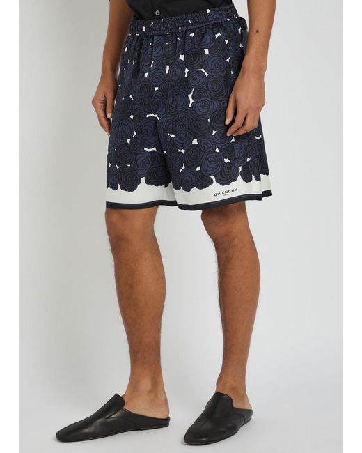 Givenchy Blue Floral-Print Silk Shorts for men