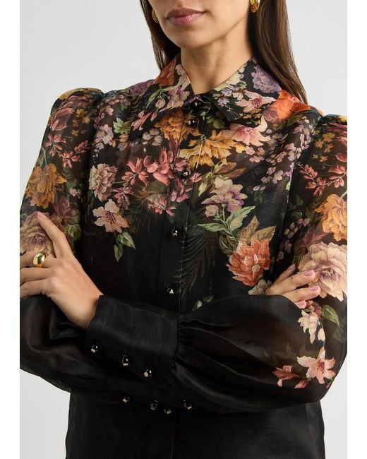 Zimmermann Black Pavilion Floral-Print Linen-Blend Blouse