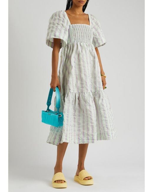 Ganni White Striped Seersucker Midi Dress