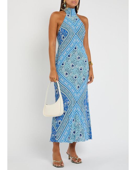 Rixo Blue Maura Patterned Halter-Neck Chiffon Midi Dress