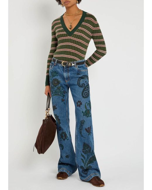 Etro Green Striped Knit Designer V-Neck Jumper Uk10