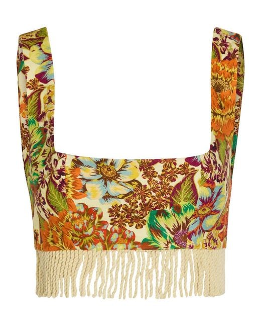 ALÉMAIS Metallic Lana Floral-Print Fringed Linen Crop Top