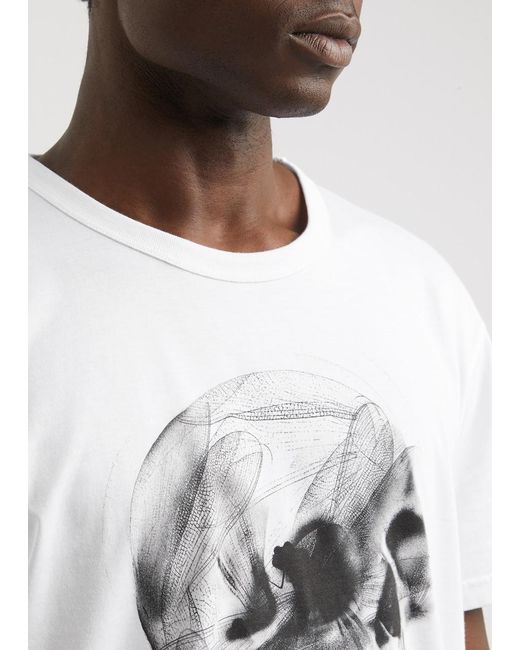 Alexander McQueen White Dragonfly Skull Printed Cotton T-Shirt for men