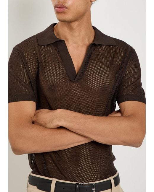 Tom Ford Brown Crochet-Knit Sheer Cotton And Silk-Blend Polo Shirt for men