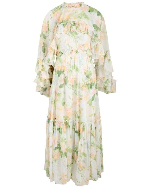 Needle & Thread White Immortal Rose Harper Floral-Print Chiffon Gown