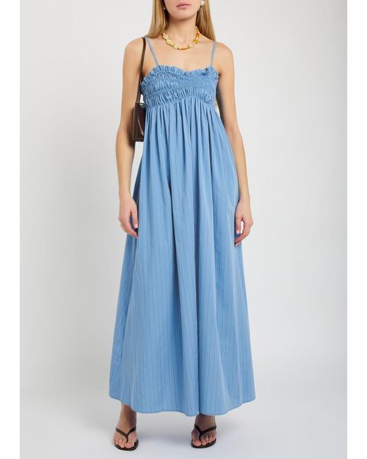 Faithfull The Brand Blue Presa Pinstriped Cotton Maxi Dress