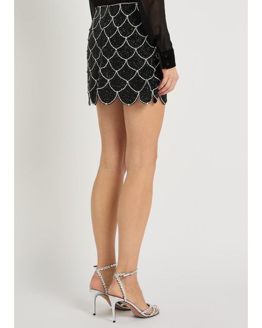 Alice + Olivia Black Rubi Embellished Scalloped Stretch-Mesh Mini Skirt
