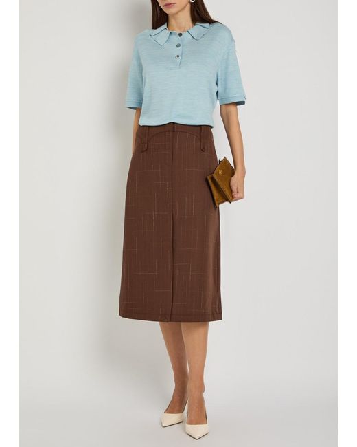 Tory Burch Brown Subtle-Check Wool-Blend Midi Skirt