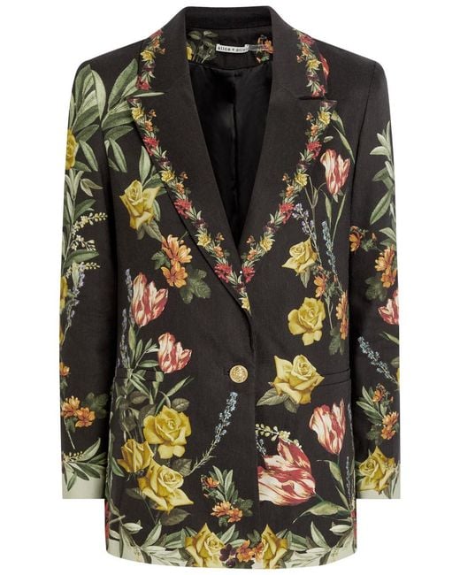 Alice + Olivia Black Denny Floral-Print Linen-Blend Blazer