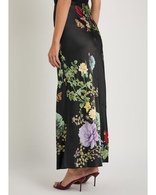 Alice + Olivia Black Terese Floral-Print Satin Maxi Skirt