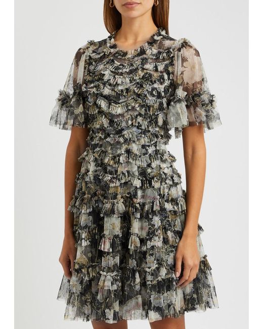 Needle & Thread Gray Moonlight Petals Printed Ruffled Tulle Mini Dress