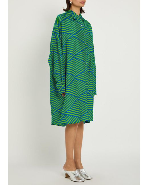 Dries Van Noten Green Dasia Striped Silk Midi Shirt Dress