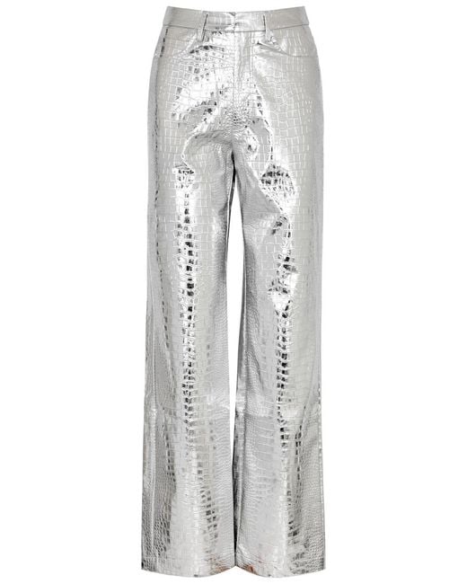 ROTATE BIRGER CHRISTENSEN Gray Crocodile-effect Metallic Faux Leather Trousers