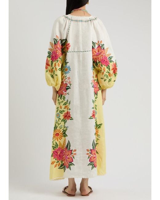 Farm Rio White Bloom Garden Printed Linen Maxi Dress