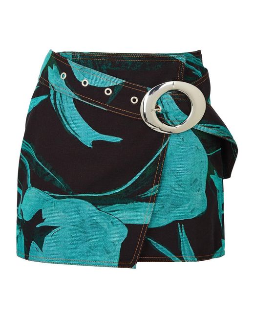 Louisa Ballou Blue Floral-Print Denim Mini Wrap Skirt