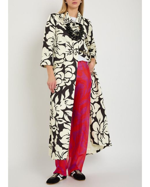 Dries Van Noten White Rimi Floral Print Satin Coat
