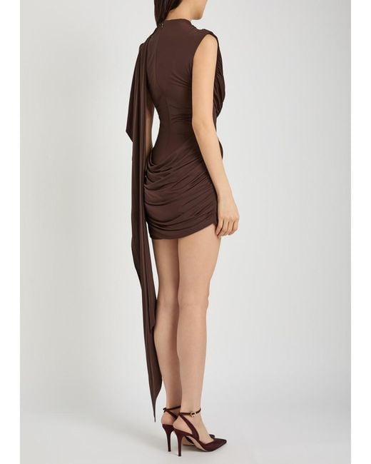 De La Vali Brown Elara Draped Stretch-Jersey Mini Dress