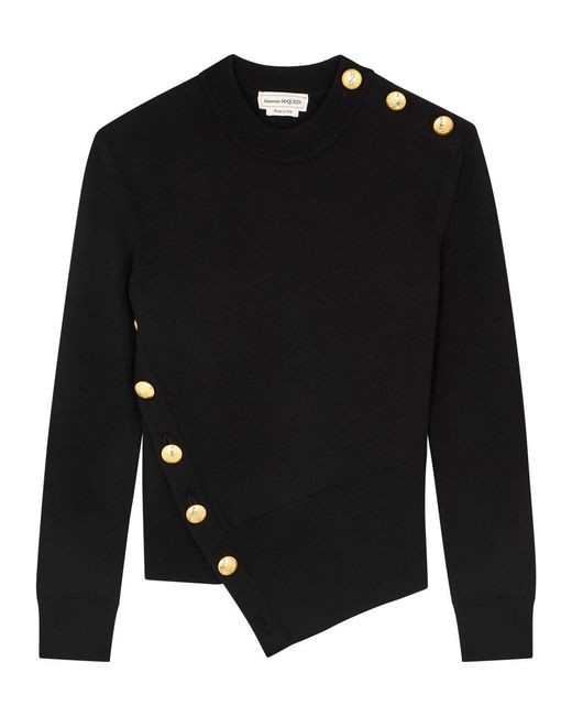 Alexander McQueen Black Asymmetric Embellished Wool-Blend Jumper