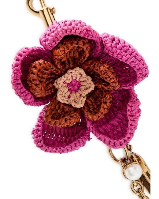 Chloé Red Floral Raffia And Metal Key Chain