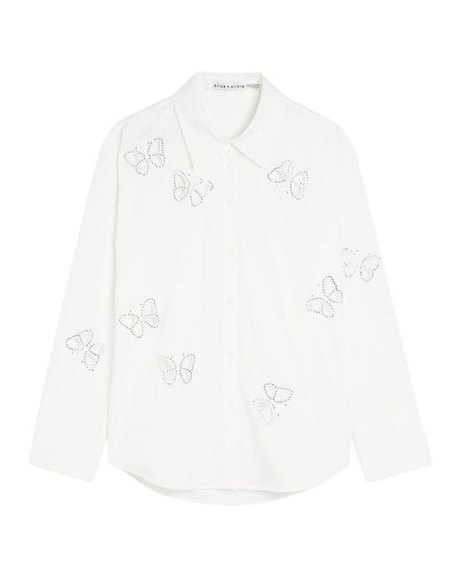 Alice + Olivia White Finely Embellished Cut-Out Woven Shirt