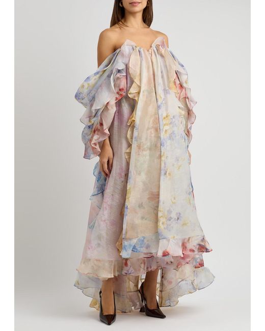 Zimmermann Pink Crush Strapless Floral-Print Linen-Blend Dress