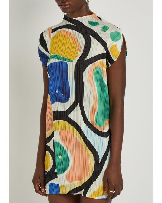 Pleats Please Issey Miyake Blue Pleated Printed Woven Mini Dress